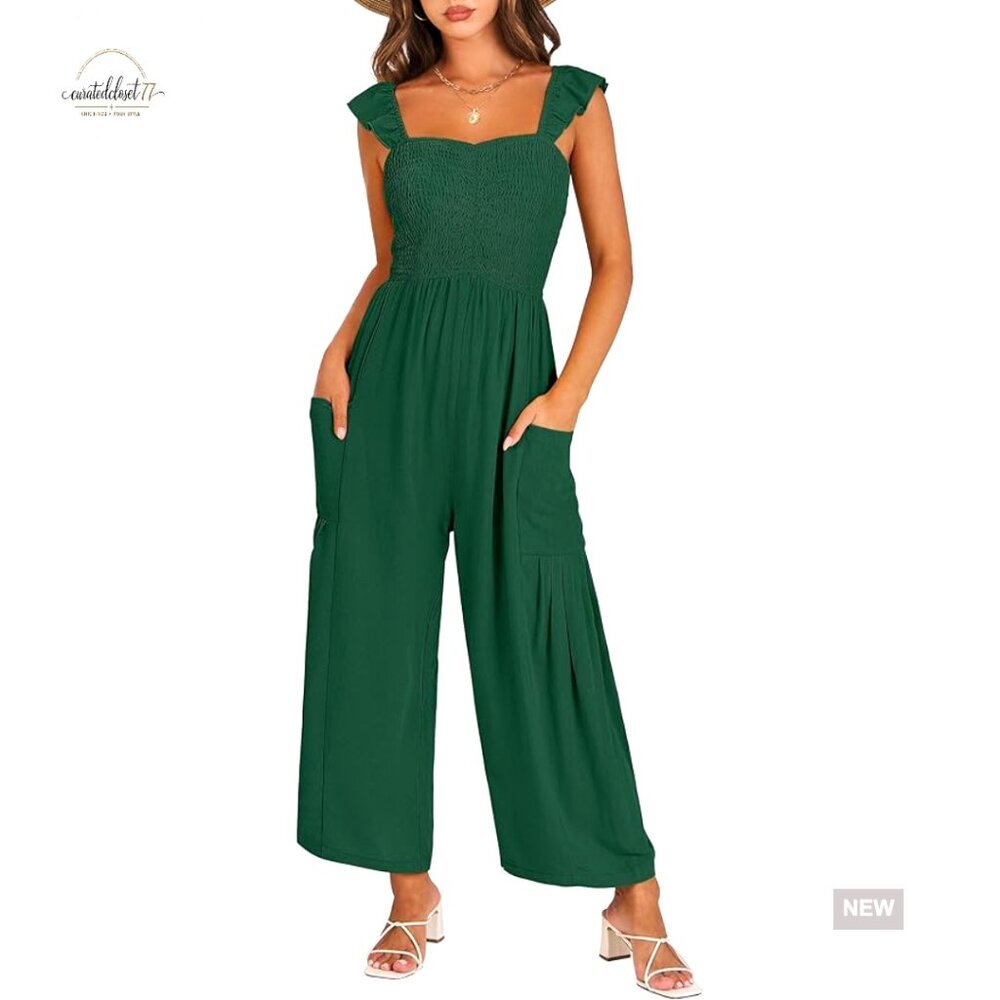 Sleeveless Wide Leg Jumpsuit Smocked Romper Summer Beach Outfit